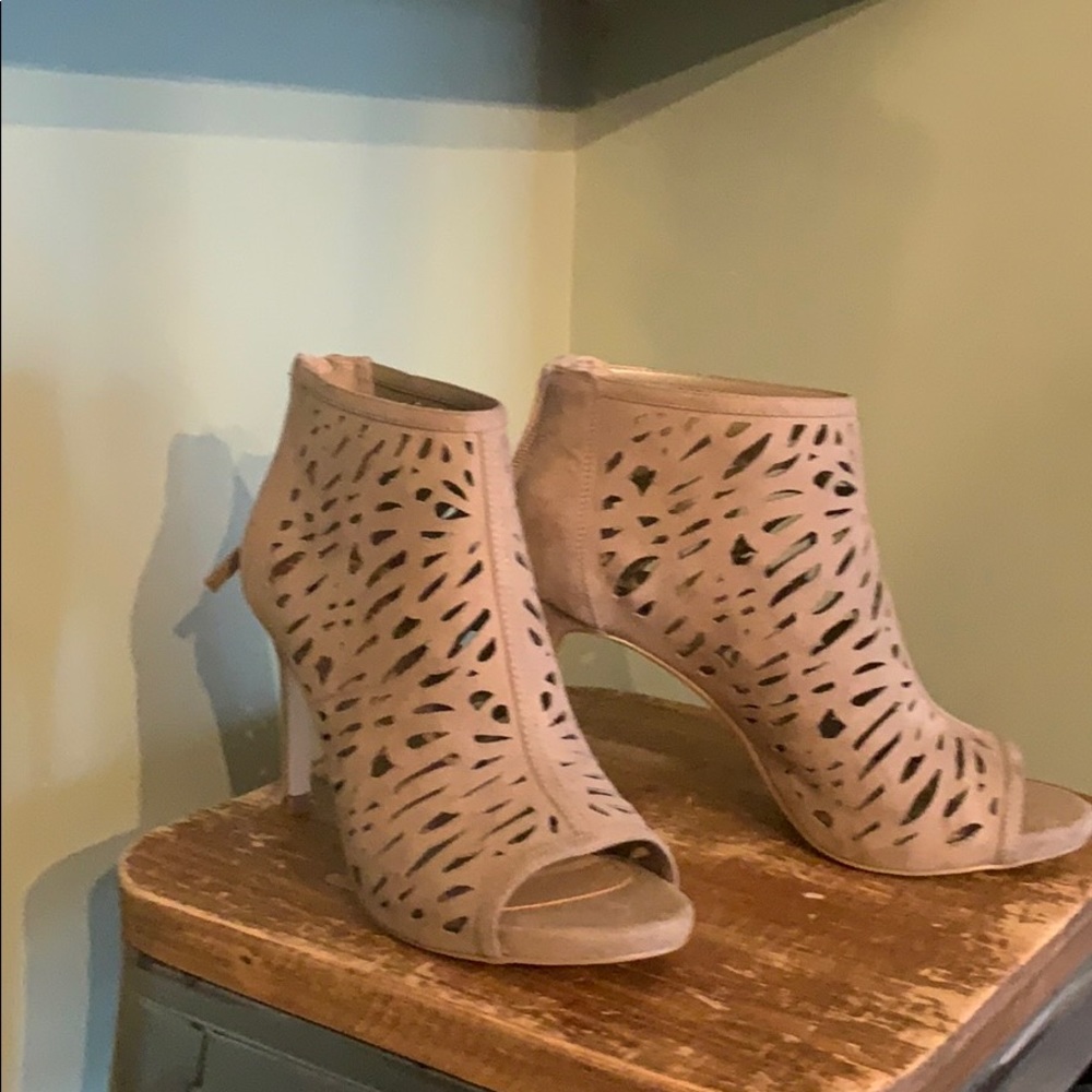 WHBM laser cut open toe booties